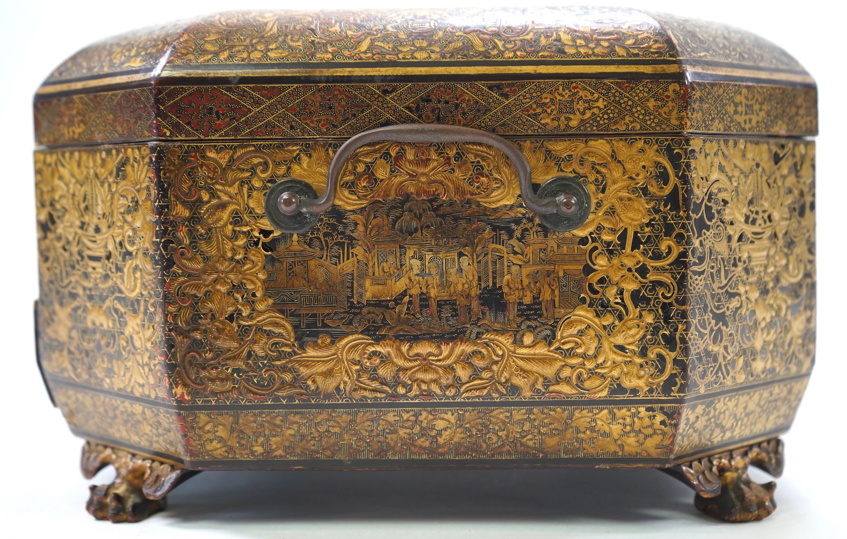 A Chinese export gilt decorated black lacquer sewing box, 19th century